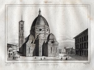 Catedral de Florencia - Vista de la Catedral de Florencia (Duomo Santa Maria del Fiore). La cúpula fue realizada por Filippo Brunelleschi alrededor de 1420-1436, Florencia, Italia. Grabado de "Italy Picturesque" - Tabla Histórica y Descriptiva de Italia po