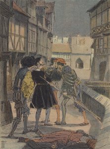 El orfebre y escultor florentino Benvenuto Cellini rodeado y amenazado por un grupo de hombres (litografía en color)
