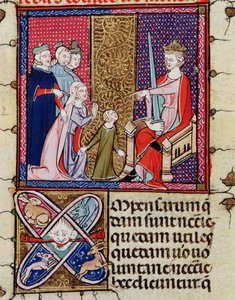 Fol.11v Una niña y su madre apareciendo ante un juez, de Justiniani in Fortiatum de French School