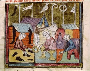 Fol.122v Comerciantes en la feria de Lendit cerca de St. Denis, de las Grandes Crónicas de Francia, 1375-79 de French School