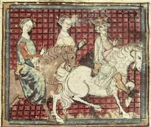 Fol.31r Chilperico I (543-97) y Fredegonda a caballo, de las Grandes Crónicas de Francia, 1375-79 de French School