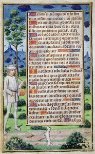 Fol.50v Página de texto con un detalle de borde de un músico haciendo bailar a su perro, de 