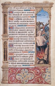 Fol.67r Página de texto con un detalle de borde de un hombre siendo torturado por dos demonios, de "Heures de l"Usage de Rome" de French School