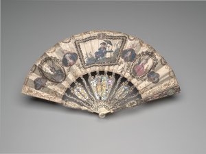 Abanico plegable con una escena de chinoiserie, retratos, figuras pastorales y bodegones, c.1780s de French School