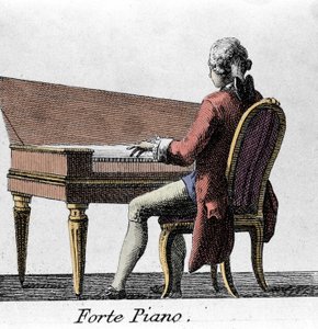 Pianista de forte piano. Grabado de finales del siglo XVIII de French School