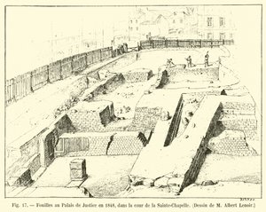 Excavaciones en el Palacio de Justicia en 1848, en el patio de la Sainte-Chapelle, dibujo de M Albert Lenoir de French School