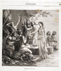 Fundación de Marsella: la ciudad francesa fue fundada por marineros griegos en el año 600 a.C. Grabado de la "Histoire de France populaire" de Henri Martin. Siglo XIX de French School