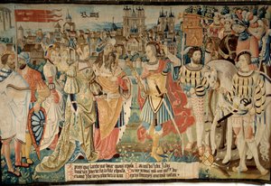 Fundación de la ciudad de Reims: Remus casó a su hija con el rey Francus, hijo de Héctor. Tapiz de 