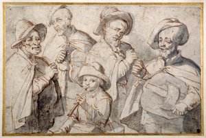 Cuatro músicos de zanfona y un niño con una pipa, c.1650-99