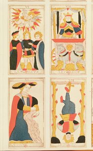 Cuatro cartas del tarot que representan Los Enamorados, El Carro, La Fuerza y El Colgado de French School