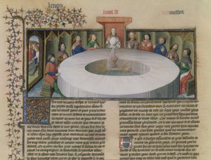 Fr.120 f.524v Los caballeros de la Mesa Redonda de La historia de Lancelot, de La Quite de Saint Graal de French School