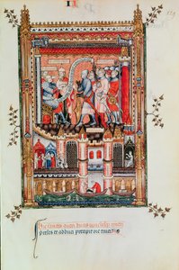 Sisinnius dando órdenes a San Denis y sus compañeros llevados ante él, de la Vie de St. Denis, 1317 de French School