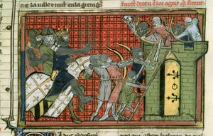 Fr 22495 f.36r Ataque a una ciudad, de Le Roman de Godefroi de Bouillon de French School