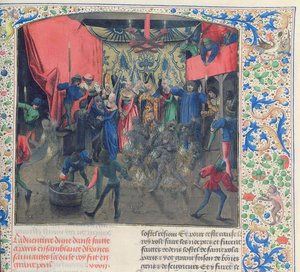 Bal des Ardents, Carlos siendo salvado por la Duquesa de Berry después de que Luis de Orleans incendiara los disfraces de los bailarines, 1392, de la Crónica de Froissart de French School