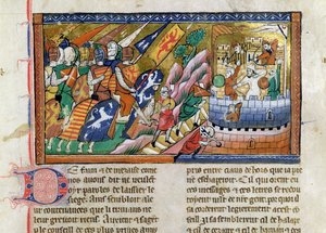 Fr 9084 f.53 Ejército inglés atacando un castillo, de la "Chronique de Guillaume de Tyr" (vitela). de French School
