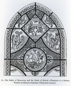 Fragmento de una vidriera en la Catedral de Chartres, que representa la Batalla de Roncevaux y la Muerte de Roldán, ilustración de Ciencia y Literatura en la Edad Media y el Renacimiento