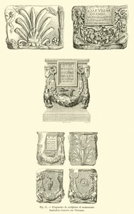 Fragmentos de esculturas y monumentos funerarios hallados en la rue Vivienne (grabado)