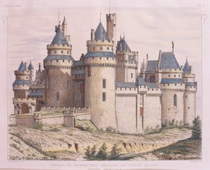 Francia, Castillo Medieval de Pierrefonds, restaurado por Violet le Duc de Moniteur des Architectes, grabado de French School