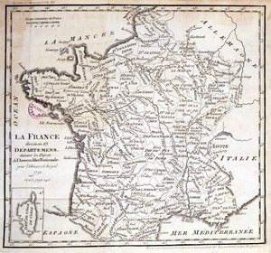 Francia dividida en 83 departamentos según los decretos de la Asamblea Nacional de 1791 de French School