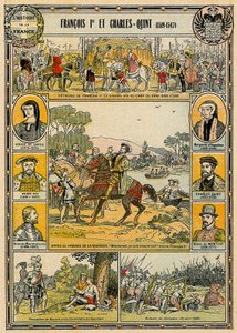 Francisco I de Francia y Carlos V, emperador del Sacro Imperio Romano Germánico, ilustración de "Histoire de France". de French School