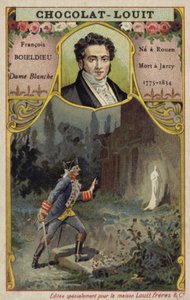 Francois-Adrien Boieldieu, compositor francés, y una escena de su ópera La Dame Blanche (cromolito)