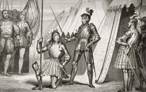 Francisco I (1494-1547) nombrado caballero por el Capitán Bayard después de la Batalla de Marignano, de 