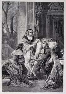 François de la Rochefoucauld (1613-1680) conversando con Mademoiselle de Sévigné (Marie de Rabutin-Chantal), Marquesa de Sévigné llamada Madame de Sévigné (1626-1696) y Marie-Madeleine Pioche de La Vergne, condesa de Lafayette (Madame de la Fayette) de French School