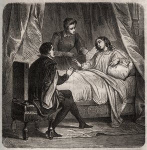 Françoise de Foix, Condesa de Chateaubriant (ca. 1495-1537), enferma, recibe a Clément des Marets dit Marot (1496-1544), el valet de François I, en la cama. Grabado de 1871 en “Histoire Des Cocuses Celebres” de Henry de Kock
