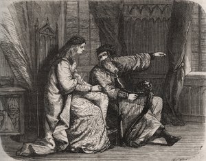Fredegunda (545-597) confía sus preocupaciones al arpista Barbantini porque su amante Chilperico (entonces el Rey de los Francos Chilperico I (543-597), no se casó con ella. 565. Grabado de 1871 en “Histoire Des Cocuses Celebres” de Henry de Kock