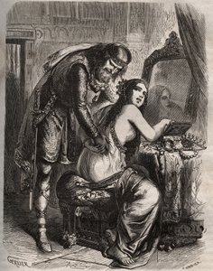 Fredegunda (545-597) toma a su esposo, el rey de los Francos Chilperico I (543-597), por su amante, Landerico. El rey descubre que su esposa lo engaña. Grabado de 1871 en “Histoire Des Cocus Celebres” por Henry de Kock (1819-1892). de French School