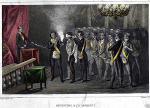 Francmasonería: iniciación y recepción de un aprendiz. Grabado de “Histoire pittoresque de la Franc-Maçonnerie et des Sociétés Secrètes anciennes y modernas” por F.-T. B. Clavel. Pagnerre, editor. 1843.