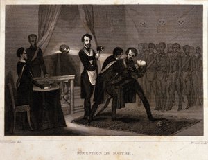 Freemaking: recepción y rito de iniciación del Maestro. Grabado de "Picturesque Histoire de la Franc Maconnerie et des Societes Secretes antique et modernes" de F.-T. B. Clavel. Pagnerre, editor. 1843. de French School