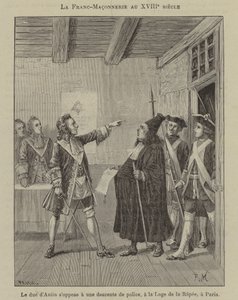 Masonería en el siglo XVIII: El duque de Antin objetando una redada policial en la logia de la Rapee en París de French School