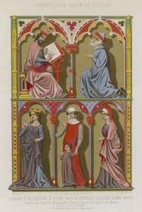 Imágenes francesas del siglo XIII de un científico, burgués, una reina, burguesa y su hijo, y una mujer noble