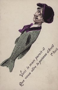 Tarjeta francesa del Día de los Inocentes (litografía en color)