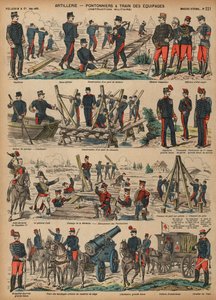 Artillería del ejército francés construyendo puentes de pontones de French School