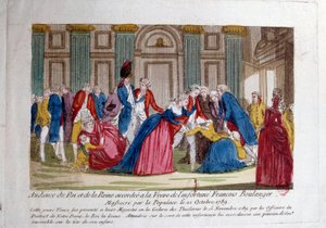 Revolución Francesa: audiencia de Luis XVI y María Antonieta el 15/11/1789 concedida a la viuda de François Boulanger masacrado por la multitud el 21/10/1789. Grabado del siglo XVIII. París, Biblioteca del Arsenal de French School