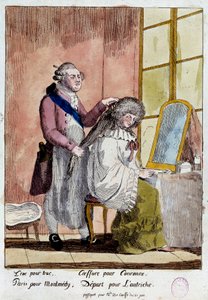 Revolución Francesa: Viñeta sobre la huida de la familia real a Varenne los días 20 y 21/06/1791: El rey Luis XVI estilando a la reina María Antonieta debía partir con el pasaporte falso de institutriz de los hijos de la baronesa de Korff. Colou anonyme de French School