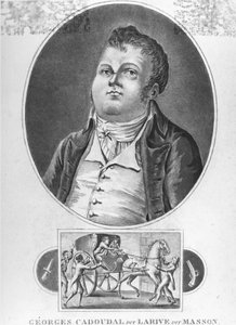 Revolución Francesa: Georges Cadoudal (alias Larive, alias Masson), un conspirador francés que fue uno de los líderes de los Chouans y que organizó dos complots contra Bonaparte, fue ejecutado el 25 de junio de 1804 - grabado, col. museo Dobrée, Nantes. de French School