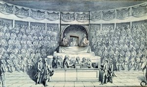 Revolución Francesa: El Rey Luis XVI (1754-1793) en el banquillo es interrogado por Antoine Barnave (1761-1793) durante su juicio ante la Convención Nacional que decidirá su sentencia de muerte el 21/01/1793. Dibujo anónimo alrededor de 1793. París, Museo  de French School