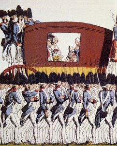 Revolución Francesa: Retorno de la Familia Real a París el 25 de junio de 1791 tras el arresto en Varennes el 20 y 21 de junio de 1791. Eau-forte coloreada anónima 1791 Dom. 23.2x34.6 París, Museo Carnavalet de French School