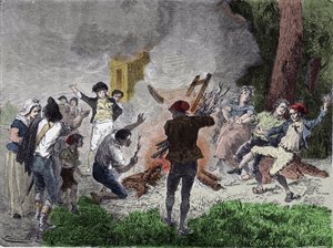 Revolución Francesa: el pueblo quemó el telégrafo de Claude Chappe, en el parque de Saint-Fargeau en Menilamount, en septiembre de 1792, creyendo que era un dispositivo destinado a comunicarse con la familia real encerrada en la prisión del Temple. Grabado