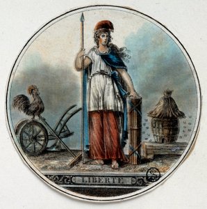 Revolución Francesa: alegoría de la Libertad como una mujer cerca de una colmena y un gallo. Finales del siglo XVIII París, B.N. de French School