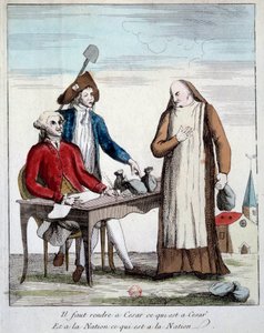 Revolución Francesa: representación caricaturesca de un miembro del clero obligado a devolver la propiedad de la iglesia. "Debemos devolver a César lo que es de César y a la Nación lo que es de la Nación" Grabado de 1790 París, Biblioteca del Arsenal de French School