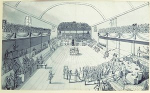 Revolución Francesa: el nacimiento de la Constitución en septiembre de 1791 redibujada por Guy Jean-Baptiste Target (1733-1807) en la sala del Jeu de Paume de Versalles donde los diputados habían prestado juramento el 20/06/1789. Dibujo anónimo hacia 1791.
