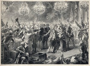 Revolución Francesa: los realistas juran lealtad a la monarquía en presencia del Rey Luis XVI (1754-1793) de la Reina María Antonieta (1755-1793) y el delfín en el banquete de los guardias del cuerpo organizado el 1 de octubre de 1789 en la Orangerie de Ve de French School
