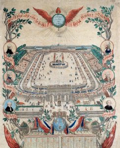 Revolución Francesa: vista de la fiesta de la federación nacional el 14/07/1790 en Champs de Mars. Grabado de 1790. París, Archivos Nacionales de French School