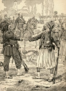 Soldados franceses y sardos se dan la mano para celebrar su victoria contra los austriacos tras la batalla de Palestro, Italia. de French School