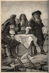 El arquitecto francés Vauban elabora los planos de las fortificaciones de Belfort (este de Francia) a petición de Luis XIV en 1687 - Sébastien Le Prestre de Vauban dando los planos de las fortificaciones de Belfort - grabado en “PATRIE” - DESCRIPTION PICTU