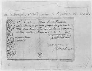Billete francés de diez libras del Banco de la Ley, fechado el 1 de abril de 1719 de French School